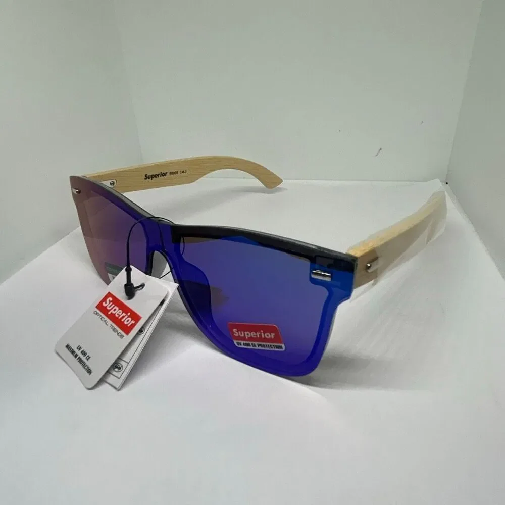 Superior Bamboo Mirrored  UV400 Rimless Shield Sunglasses Eco-Friendly Wooden Ar